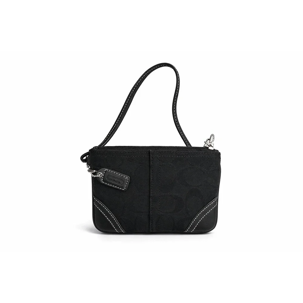 COACH Mini Signature Jacquard Wristlet‎ Black Leather Trim Small Purse